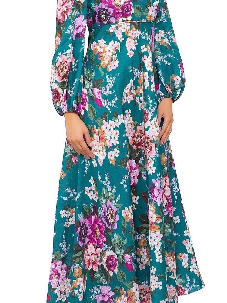 Zimmermann Teal Floral Maxi Dress With Pink And Purple Blooms 100% Linen